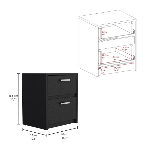 Tuhome Trivor 2 Drawers Nightstand, Metal Handles, Black - MLW8967