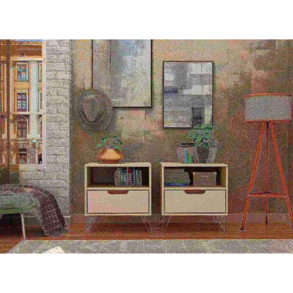 Manhattan Comfort Rockefeller Nightstand 1.0 in Off White and Nature (Set of 2) - 2-101GMC3