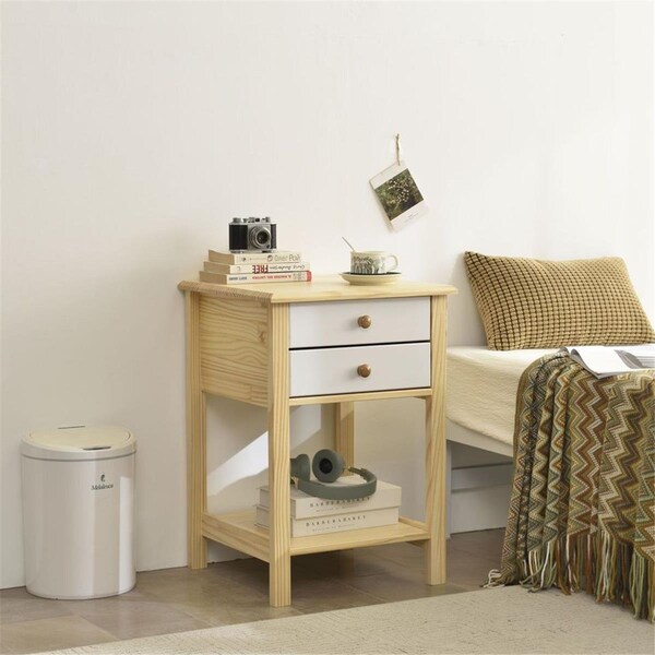 Better Home Products PINE-NTR-2D-WHT-NAT Solid Pine Wood 2 Drawer Nightstand, White & Natural - PINE-NTR-2D-WHT/NAT