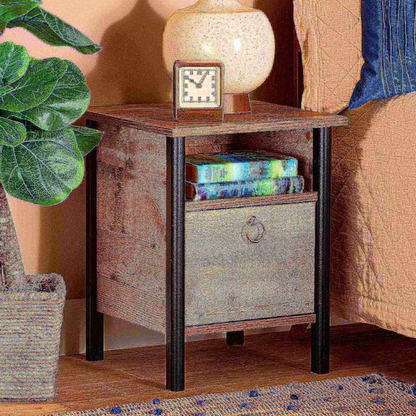 Baxton Studio Vaughan Modern and Contemporary Two-Tone Rustic Oak Brown and Black Finished Wood Nightstand - 186-11610-ZORO