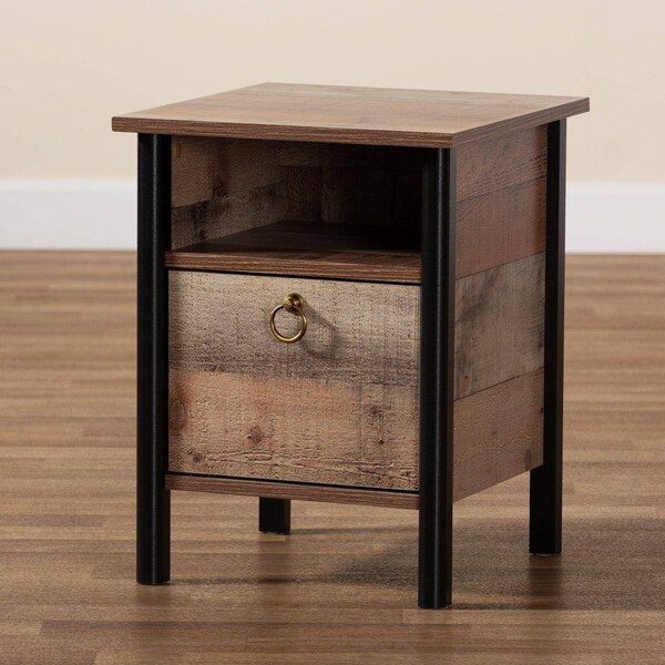 Baxton Studio Vaughan Modern and Contemporary Two-Tone Rustic Oak Brown and Black Finished Wood Nightstand - 186-11610-ZORO