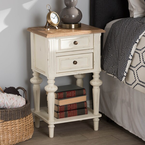 Baxton Studio Marquetterie Oak and White Finishing 2-Drawer and 1-Shelf Nightstand - 133-7192