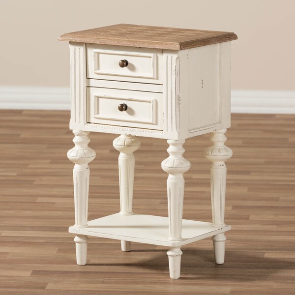 Baxton Studio Marquetterie Oak and White Finishing 2-Drawer and 1-Shelf Nightstand - 133-7192
