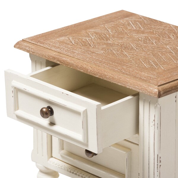 Baxton Studio Marquetterie Oak and White Finishing 2-Drawer and 1-Shelf Nightstand - 133-7192
