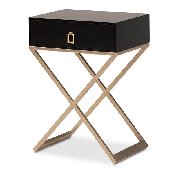Baxton Studio Patricia Black Finished Wood and Brass-Tone Metal 1-Drawer Nightstand - 167-10708