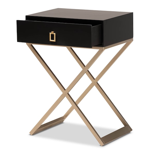 Baxton Studio Patricia Black Finished Wood and Brass-Tone Metal 1-Drawer Nightstand - 167-10708