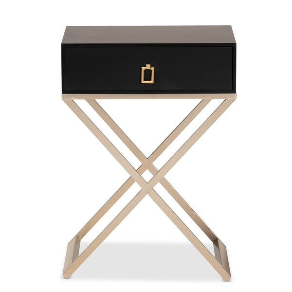 Baxton Studio Patricia Black Finished Wood and Brass-Tone Metal 1-Drawer Nightstand - 167-10708