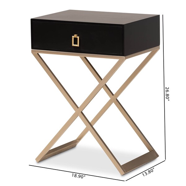 Baxton Studio Patricia Black Finished Wood and Brass-Tone Metal 1-Drawer Nightstand - 167-10708