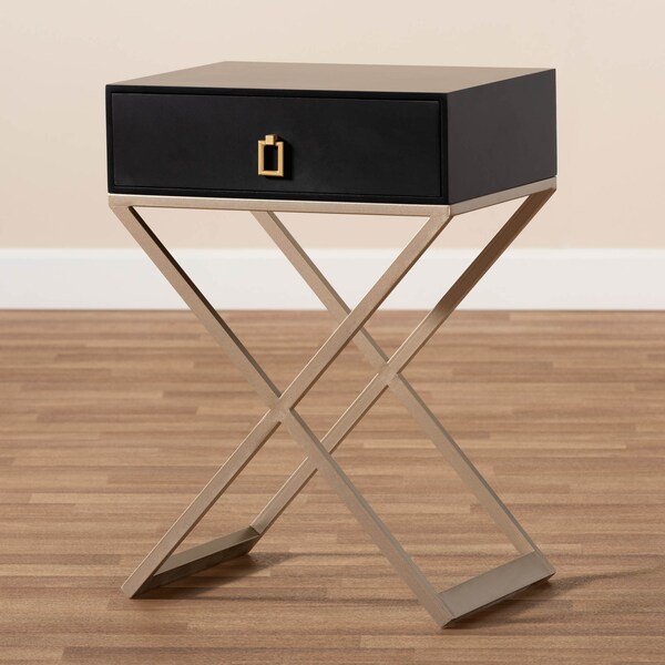 Baxton Studio Patricia Black Finished Wood and Brass-Tone Metal 1-Drawer Nightstand - 167-10708