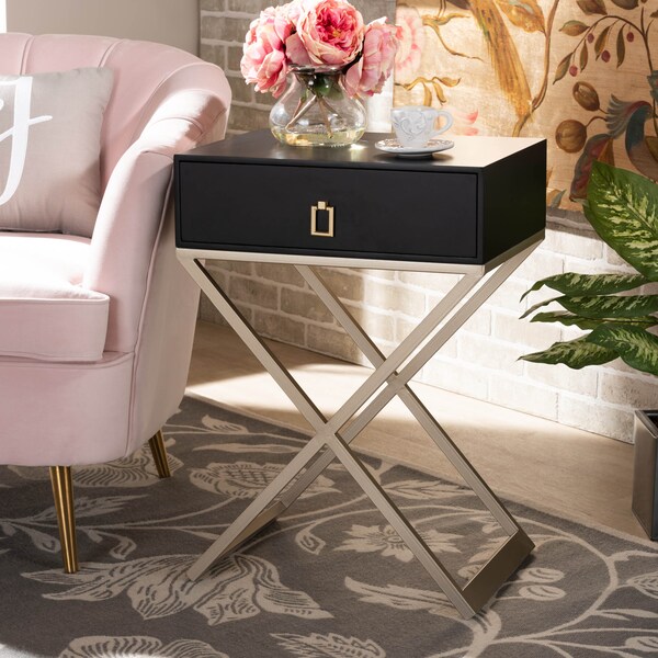 Baxton Studio Patricia Black Finished Wood and Brass-Tone Metal 1-Drawer Nightstand - 167-10708