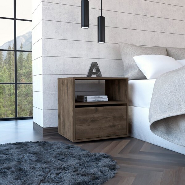 Tuhome Galanto Nightstand, One Open Shelf, One Cabinet, Dark Brown/Black - MBW7946