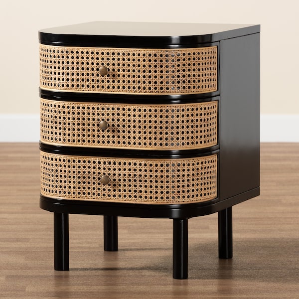 Baxton Studio Nabila Modern Bohemian Black Bayur Wood and Natural Rattan 3-Drawer End Table Nightstand - 227-12895-ZORO