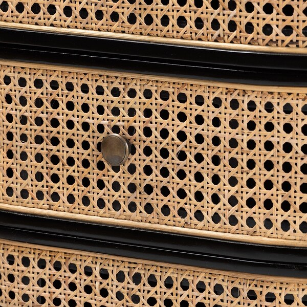 Baxton Studio Nabila Modern Bohemian Black Bayur Wood and Natural Rattan 3-Drawer End Table Nightstand - 227-12895-ZORO