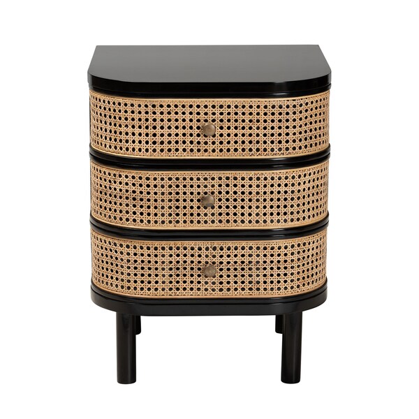 Baxton Studio Nabila Modern Bohemian Black Bayur Wood and Natural Rattan 3-Drawer End Table Nightstand - 227-12895-ZORO