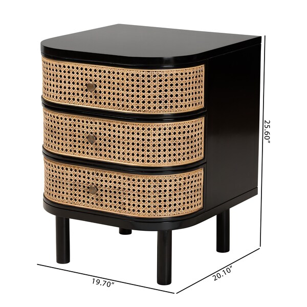 Baxton Studio Nabila Modern Bohemian Black Bayur Wood and Natural Rattan 3-Drawer End Table Nightstand - 227-12895-ZORO