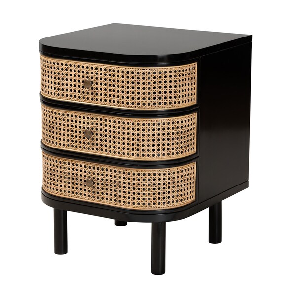 Baxton Studio Nabila Modern Bohemian Black Bayur Wood and Natural Rattan 3-Drawer End Table Nightstand - 227-12895-ZORO