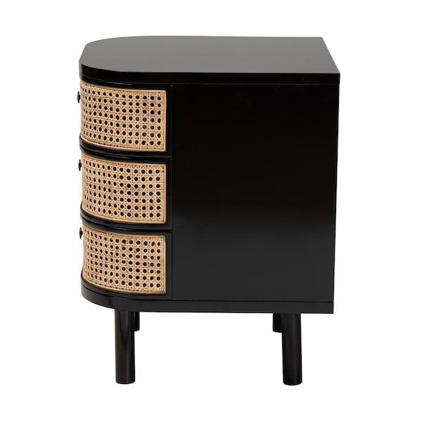 Baxton Studio Nabila Modern Bohemian Black Bayur Wood and Natural Rattan 3-Drawer End Table Nightstand - 227-12895-ZORO