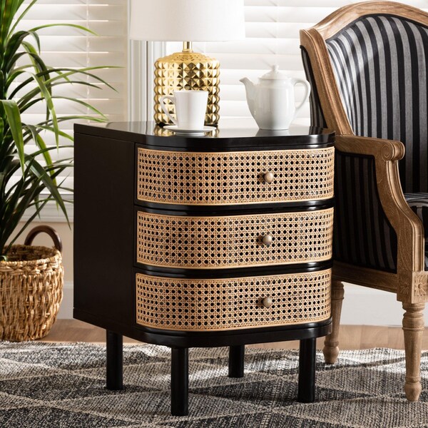 Baxton Studio Nabila Modern Bohemian Black Bayur Wood and Natural Rattan 3-Drawer End Table Nightstand - 227-12895-ZORO