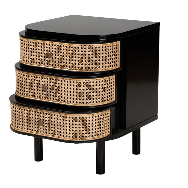 Baxton Studio Nabila Modern Bohemian Black Bayur Wood and Natural Rattan 3-Drawer End Table Nightstand - 227-12895-ZORO