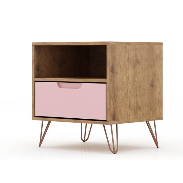 Manhattan Comfort Rockefeller 1.0 Nightstand, Nature and Rose Pink - 101GMC6