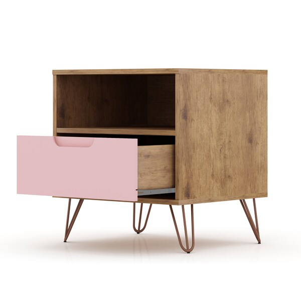 Manhattan Comfort Rockefeller 1.0 Nightstand, Nature and Rose Pink - 101GMC6