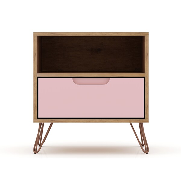 Manhattan Comfort Rockefeller 1.0 Nightstand, Nature and Rose Pink - 101GMC6