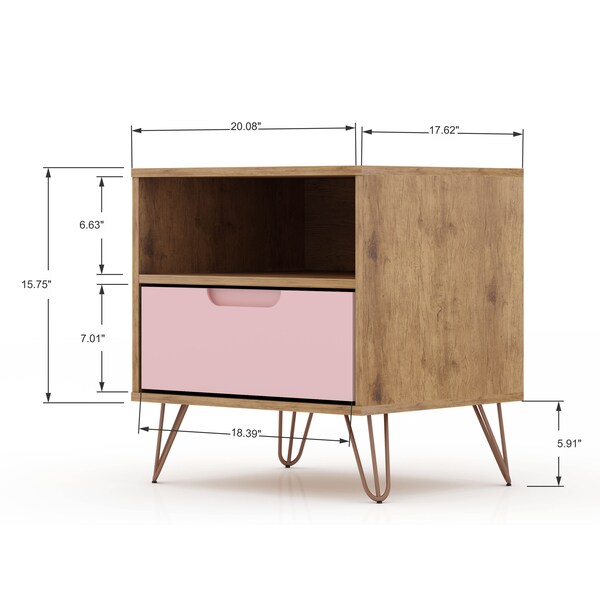 Manhattan Comfort Rockefeller 1.0 Nightstand, Nature and Rose Pink - 101GMC6
