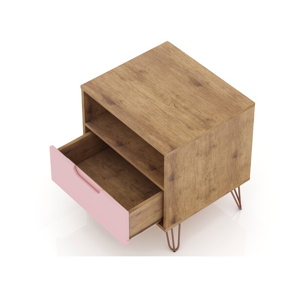 Manhattan Comfort Rockefeller 1.0 Nightstand, Nature and Rose Pink - 101GMC6