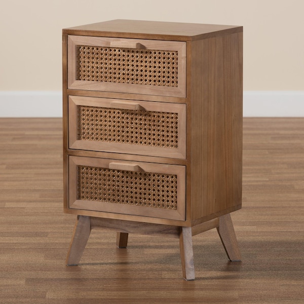Baxton Studio Baden Mid-Century Modern Walnut Brown Finished Wood 3-Drawer Nightstand with Rattan - 201-12259