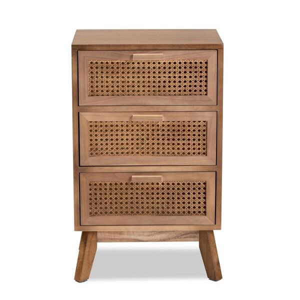 Baxton Studio Baden Mid-Century Modern Walnut Brown Finished Wood 3-Drawer Nightstand with Rattan - 201-12259