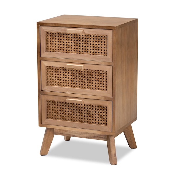 Baxton Studio Baden Mid-Century Modern Walnut Brown Finished Wood 3-Drawer Nightstand with Rattan - 201-12259