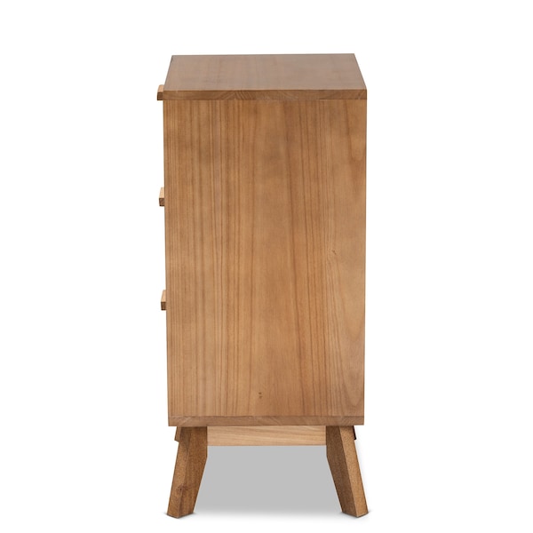 Baxton Studio Baden Mid-Century Modern Walnut Brown Finished Wood 3-Drawer Nightstand with Rattan - 201-12259