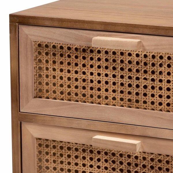 Baxton Studio Baden Mid-Century Modern Walnut Brown Finished Wood 3-Drawer Nightstand with Rattan - 201-12259