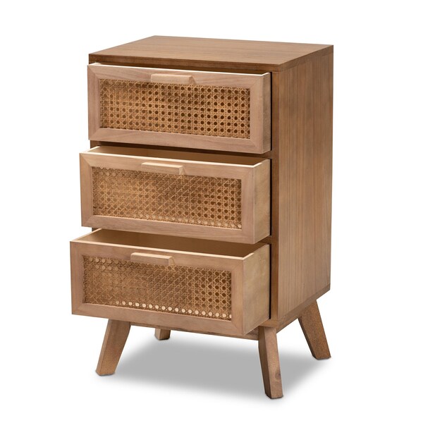 Baxton Studio Baden Mid-Century Modern Walnut Brown Finished Wood 3-Drawer Nightstand with Rattan - 201-12259