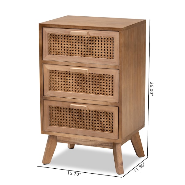 Baxton Studio Baden Mid-Century Modern Walnut Brown Finished Wood 3-Drawer Nightstand with Rattan - 201-12259