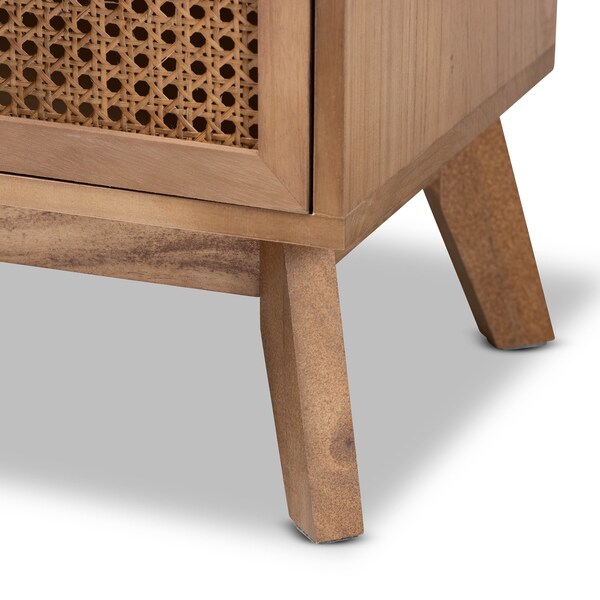 Baxton Studio Baden Mid-Century Modern Walnut Brown Finished Wood 3-Drawer Nightstand with Rattan - 201-12259