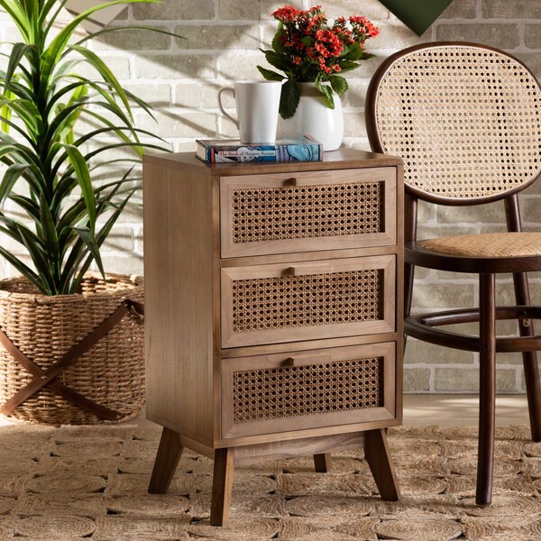 Baxton Studio Baden Mid-Century Modern Walnut Brown Finished Wood 3-Drawer Nightstand with Rattan - 201-12259