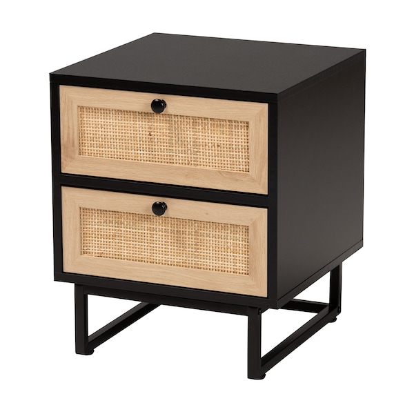 Baxton Studio Declan MidCentury Modern Espresso Brown Finished Wood and Natural Rattan 2Drawer Nightstand - 221-12470-ZORO