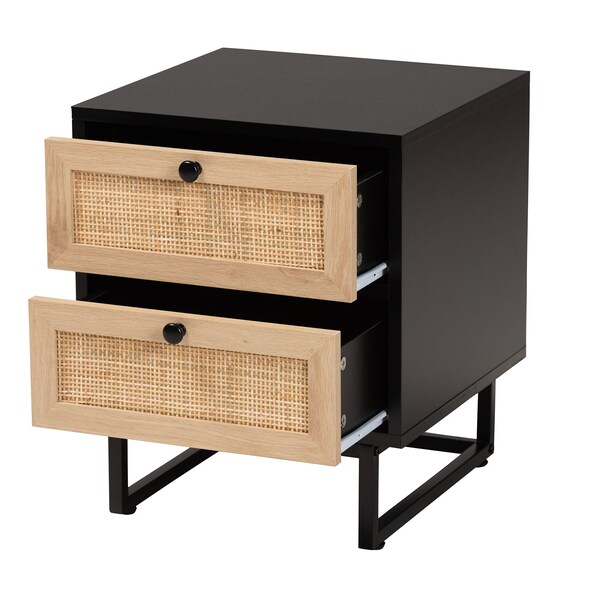 Baxton Studio Declan MidCentury Modern Espresso Brown Finished Wood and Natural Rattan 2Drawer Nightstand - 221-12470-ZORO