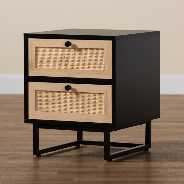 Baxton Studio Declan MidCentury Modern Espresso Brown Finished Wood and Natural Rattan 2Drawer Nightstand - 221-12470-ZORO