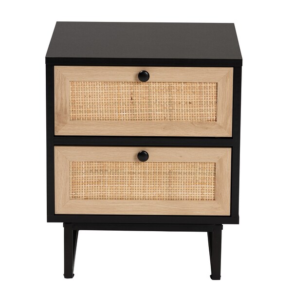 Baxton Studio Declan MidCentury Modern Espresso Brown Finished Wood and Natural Rattan 2Drawer Nightstand - 221-12470-ZORO