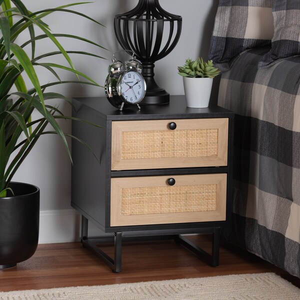 Baxton Studio Declan MidCentury Modern Espresso Brown Finished Wood and Natural Rattan 2Drawer Nightstand - 221-12470-ZORO