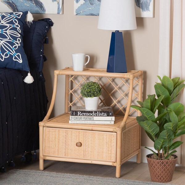 Baxton Studio Lalo Modern Bohemian Natural Brown Rattan 1-Drawer Nightstand - 231-13153-ZORO