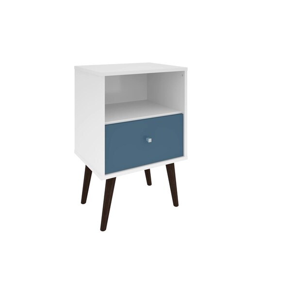 Designed To Furnish Liberty Mid Century-Modern Nightstand 1 w/Solid Wood Leg 1 Cubby Space & 1 Drawer, Wht & Aqua Blue - DE2543545