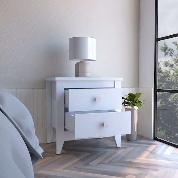 Tuhome Amara Nightstand, Two Shelves, Four Legs, White - MLB7144