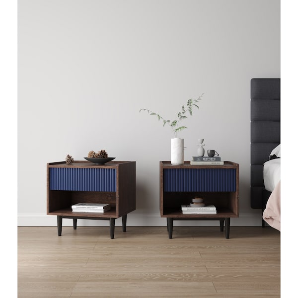 Manhattan Comfort Duane Modern Ribbed Nightstand with Full Extension Drawer in Dark Brown and Navy Blue, 2PK - 2-NS-10GLF-NB