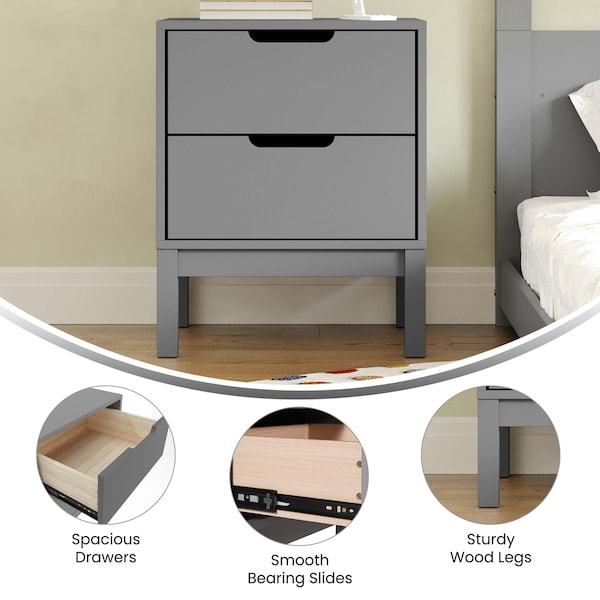 Flash Furniture Dallas Wooden Night Stand, Bedroom Side Table with 2 Storage Drawers for Kids in Gray - MG-9007-1-2NS-GY-GG