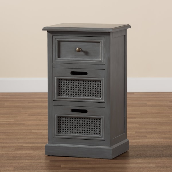 Baxton Studio Sheldon Modern and Contemporary Vintage Grey Finished Wood and Synthetic Rattan 3-Drawer Nightstand - 190-11951-ZORO