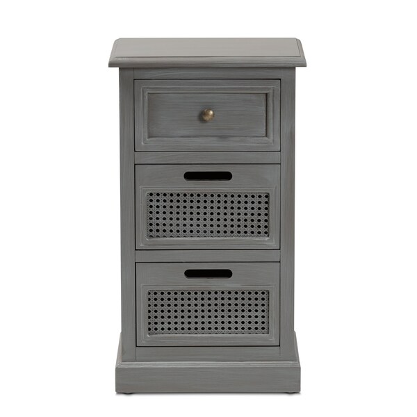 Baxton Studio Sheldon Modern and Contemporary Vintage Grey Finished Wood and Synthetic Rattan 3-Drawer Nightstand - 190-11951-ZORO