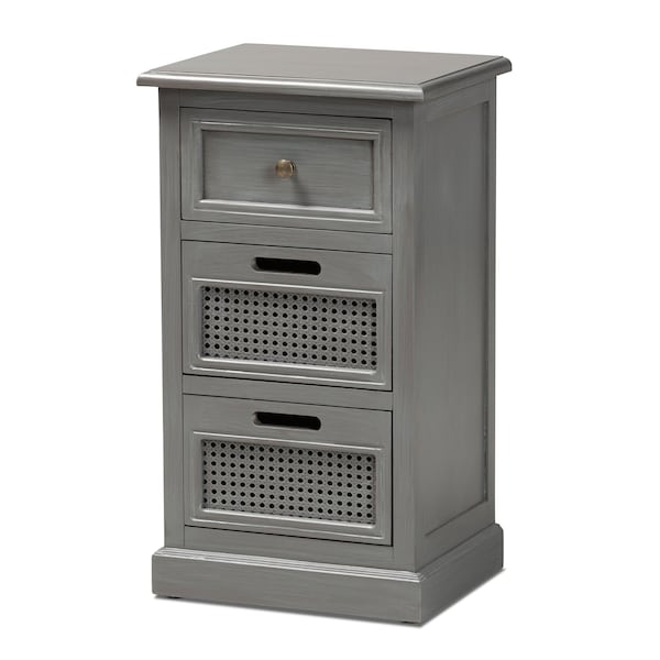 Baxton Studio Sheldon Modern and Contemporary Vintage Grey Finished Wood and Synthetic Rattan 3-Drawer Nightstand - 190-11951-ZORO